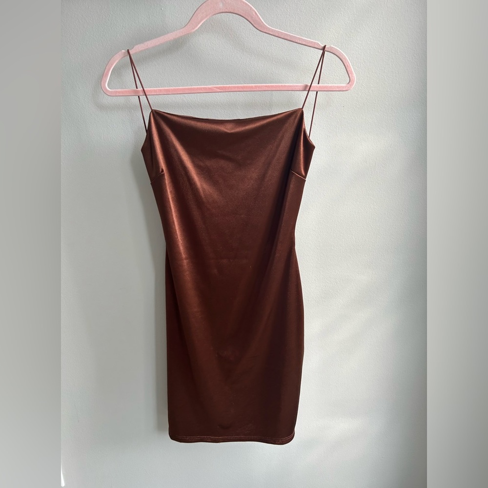 Windsor Brown Satin Criss Cross back mini Dress
